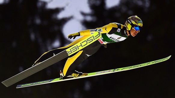 epa08073594 Noriaki Kasai of Japan in action during the men&#039;s Large Hill Individual competition of the FIS Ski Jumping World Cup at the Vogtland Arena in Klingenthal, Germany, 15 December 2019. E ...