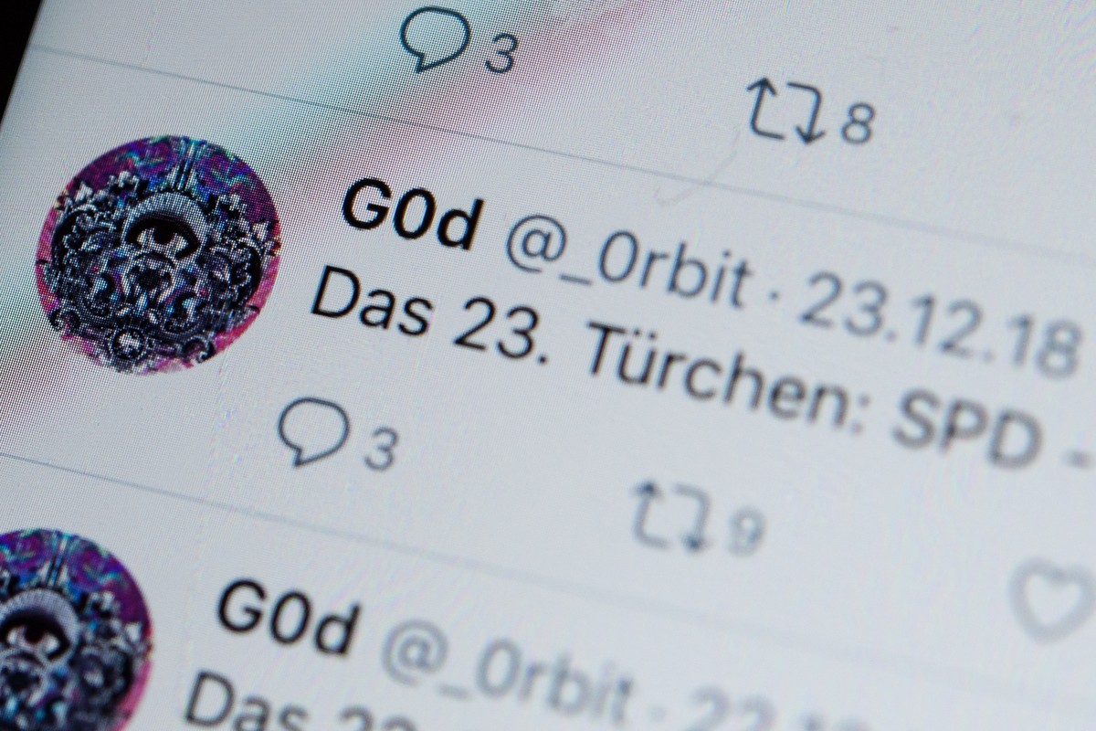epa07261488 A close-up view of the Twitter account 'G0d' (@_0rbit) in Berlin, Germany, 04 January 2019. Reports on 04 January 2019 state personal data of hundreds of German politicians have  ...