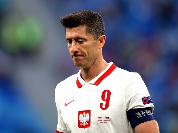 epa09271274 Robert Lewandowski of Poland reacts during the UEFA EURO 2020 group E preliminary round soccer match between Poland and Slovakia in St. Petersburg, Russia, 14 June 2021. EPA/Lars Baron / P ...