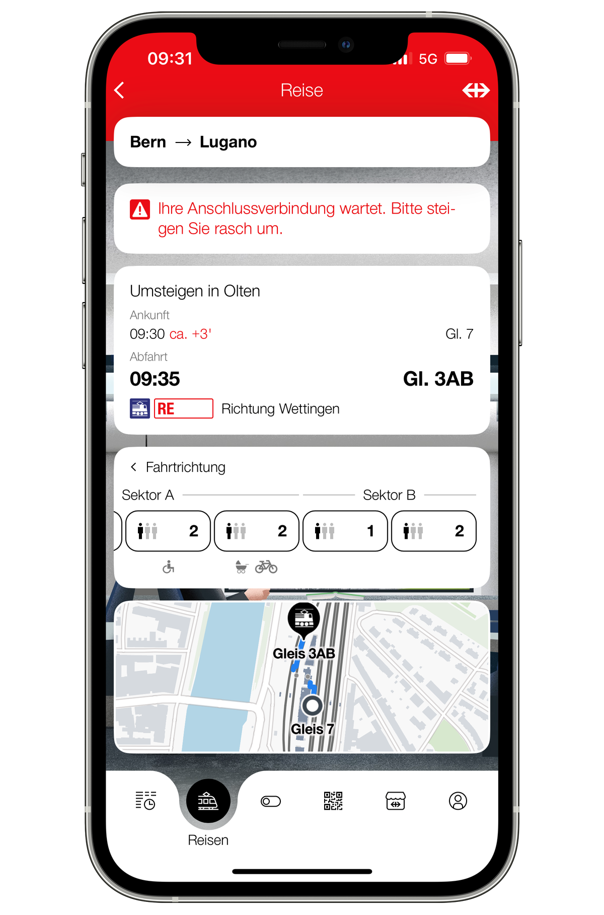 Voici ce que l'on peut voir dans l'onglet Voyages lors d'une correspondance: informations sur la correspondance, l'information sur le train et une carte du trajet à pied.