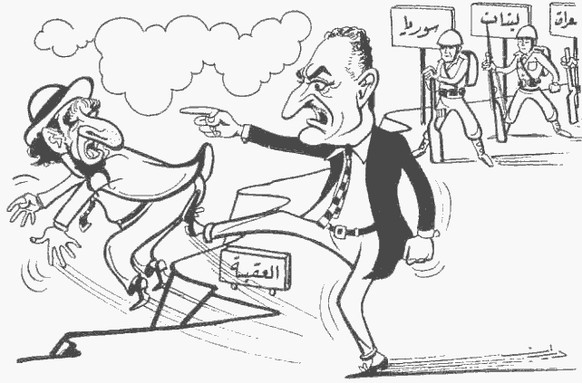 Nasser wirft einen Juden über die Klippe, während die Armeen von Libanon, Syrien und Irak zuschauen. Diese Karikatur erschien kurz vor dem Sechstagekrieg in der libanesischen Zeitung «Al Farida».