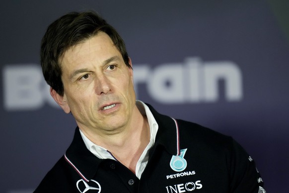 Mercedes team principal Toto Wolff speaks during a media conference after the first practice session ahead of the Formula One Bahrain Grand Prix at the Bahrain International Circuit in Sakhir, Bahrain ...