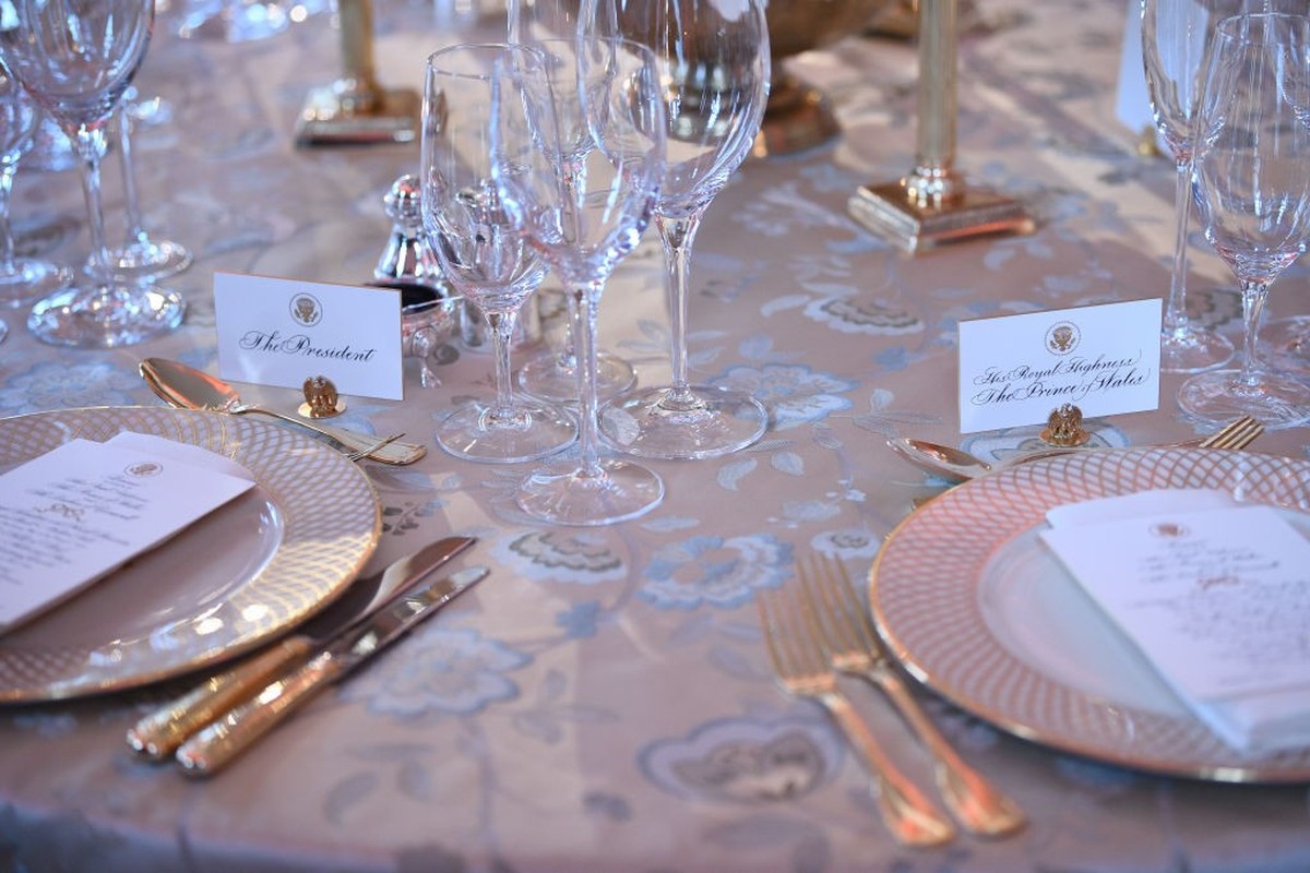 Tables are set for the Return Dinner at Winfield House, the residence of the Ambassador of the United States of America to the UK, in Regent's Park, London, attended by the US President Donald Tr ...