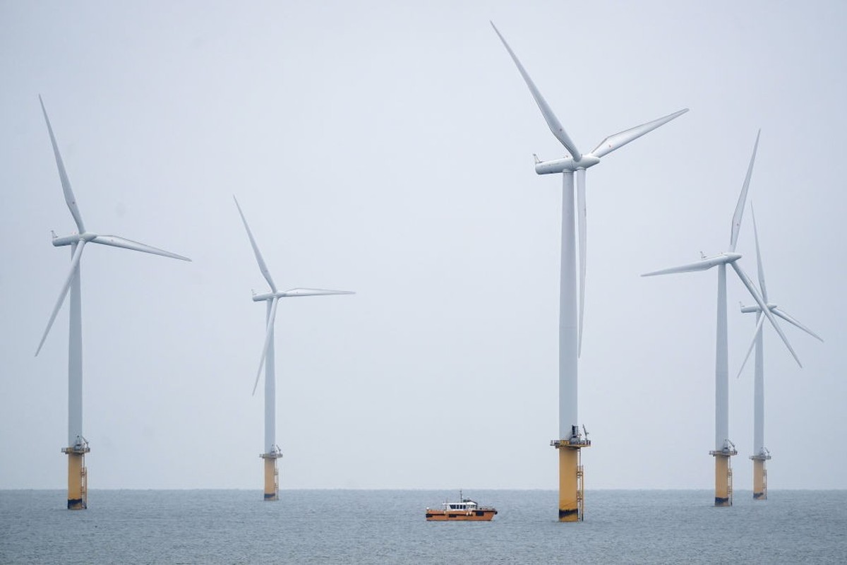 TEESPORT, ENGLAND - MARCH 02: An engineering vessel is moored alongside the EDF energy offshore wind farm as an expected announcement is due tomorrow about the successful Freeport bids on March 02, 20 ...