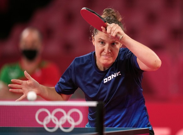 epa09363582 Rachel Moret of Switzerland in action against Georgina Pota of Hungary during the Table Tennis women&#039;s singles second round in the Table Tennis events of the Tokyo 2020 Olympic Games  ...