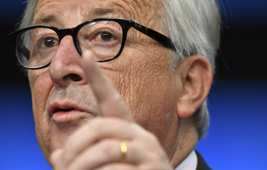 European Commission President Jean-Claude Juncker speaks during a media conference at the conclusion of an EU summit in Brussels, Sunday, Nov. 25, 2018. European Union gathered Sunday to seal an agree ...