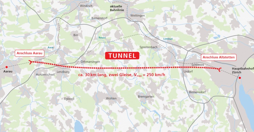 Die vorgesehene Tunnelführung zwischen Aarau und Zürich-Altstetten.