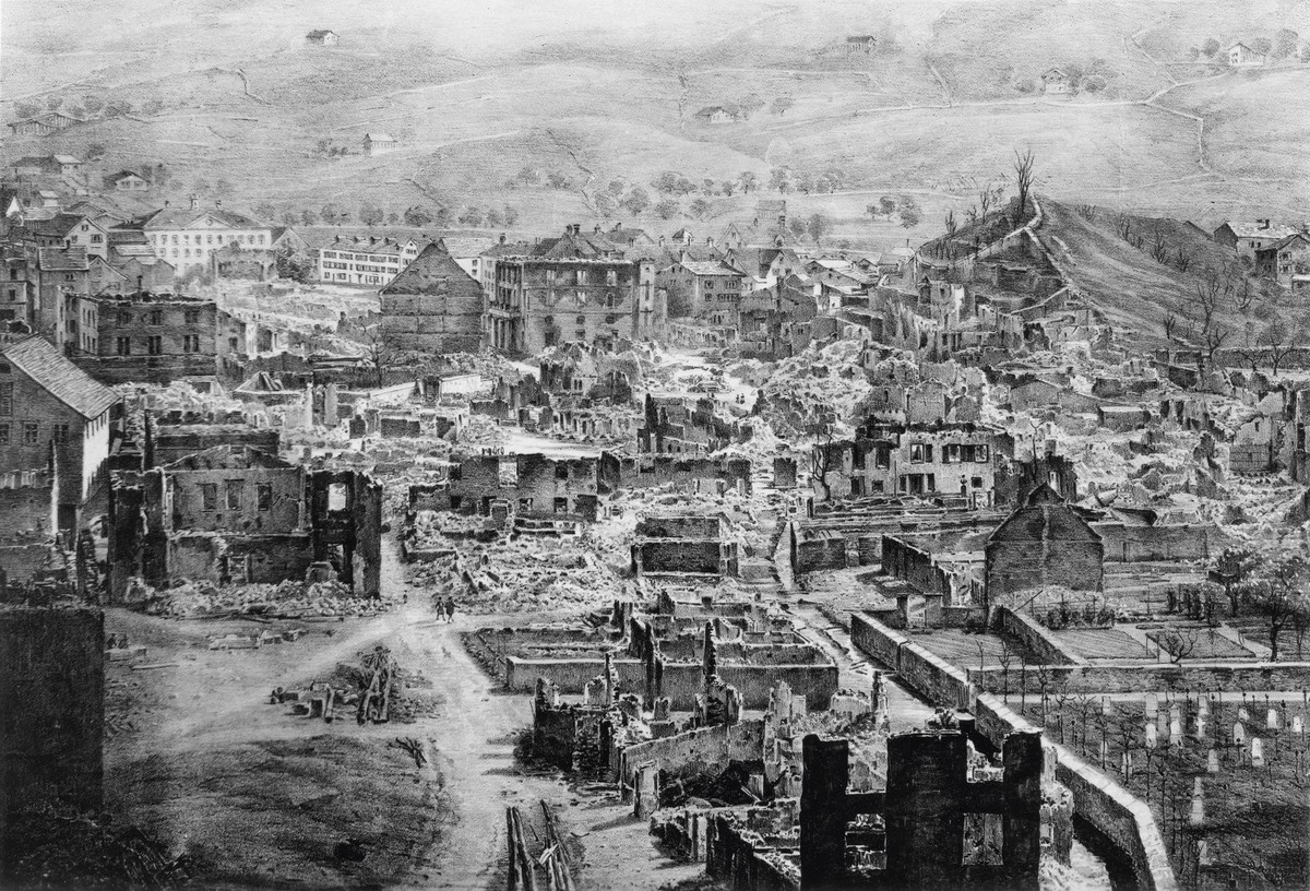 Glarus nach dem Brand von 1861. Das verheerende Feuer sei bis über den Bodensee hinaus zu sehen gewesen, berichten Zeitzeugen.