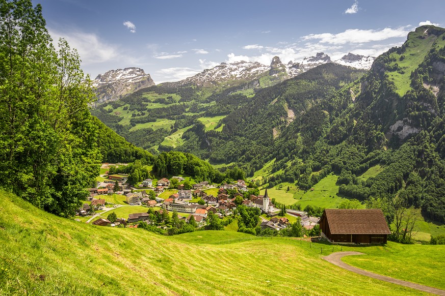 Stunning landscape panorama of Swiss Alps, Fronalpstock, Klingenstock and Chaiserstock and Illgau. Illgau is a village in Schwyz District in the canton of Schwyz in Switzerland, Europe.