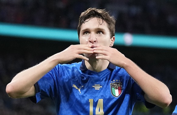 epa09327028 Federico Chiesa of Italy celebrates after scoring his team&#039;s first goal during the UEFA EURO 2020 semi final between Italy and Spain in London, Britain, 06 July 2021. EPA/Frank Augste ...