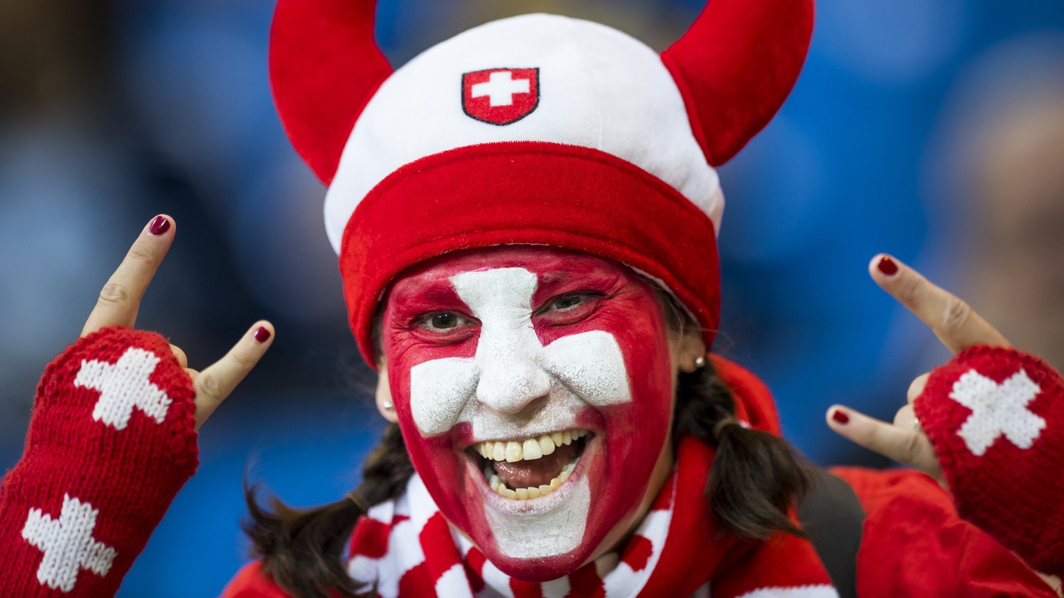 A fan from Switzerland reacts during the FIFA soccer World Cup 2018 group E match between Switzerland and Brazil at the Rostov Arena, in Rostov-on-Don, Russia, Sunday, June 17, 2018. (KEYSTONE/Laurent ...