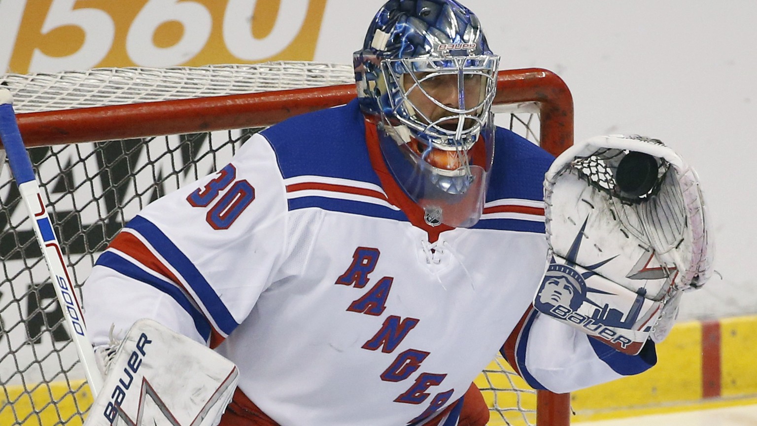 FILE - In this March 10, 2018, file photo, New York Rangers goaltender Henrik Lundqvist warms up before the start of an NHL hockey game against the Florida Panthers, in Sunrise, Fla. Lundqvist is ente ...