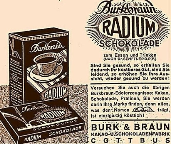 ... und in Schokolade. Nicht weil die Schoggi dann besser schmeckte, aber weil «Radium-Schokolade» einfach cool tönt. Und Radium ja, wie alles um die Jahrhundertwende, irgendwie gesund war.