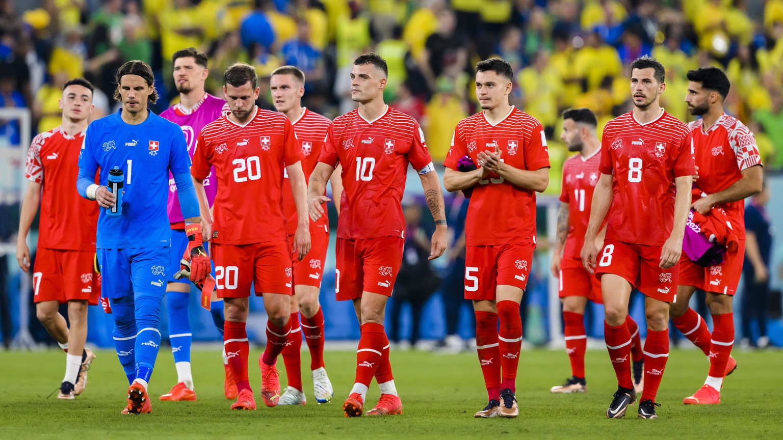 epa10334902 Swiss players after the end of the FIFA World Cup 2022 group G soccer match between Brazil and Switzerland at Stadium 947 in Doha, Qatar, 28 November 2022. Brazil won 1-0. EPA/LAURENT GILL ...