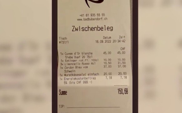 Auf der Rechnung: die 5 Prozent Energiekostenzuschlag (das Restaurant/Hotel Bad Bubendorf gehört wie die Seerose zur Balance Familie).