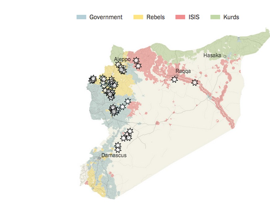 Russische Luftangriffe in Syrien vom 30.&nbsp;September bis 4. Oktober. Nur eine Minderheit galt IS-Stellungen.