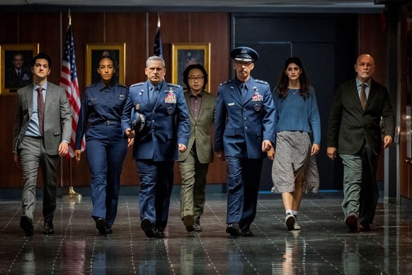 Space Force. (L to R) Ben Schwartz as F. Tony Scarapiducci, Tawny Newsome as Angela Ali, Steve Carell as General Mark Naird, Jim