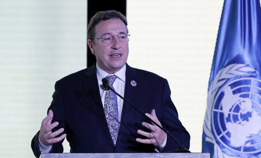 epa08058386 United Nations Development Program (UNDP) Administrator Achim Steiner speaks during the UNDP Human Development Report 2019 presentation, in Bogota, Colombia, 09 December 2019. Colombian Pr ...