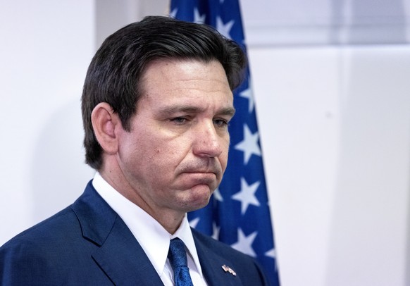 epa11189403 Florida&#039;s Governor Ron DeSantis attends a press conference at the Palm Beach Police Department seat in Palme Beach, Florida, USA, 29 February 2024. Governor DeSantis has signed the &# ...