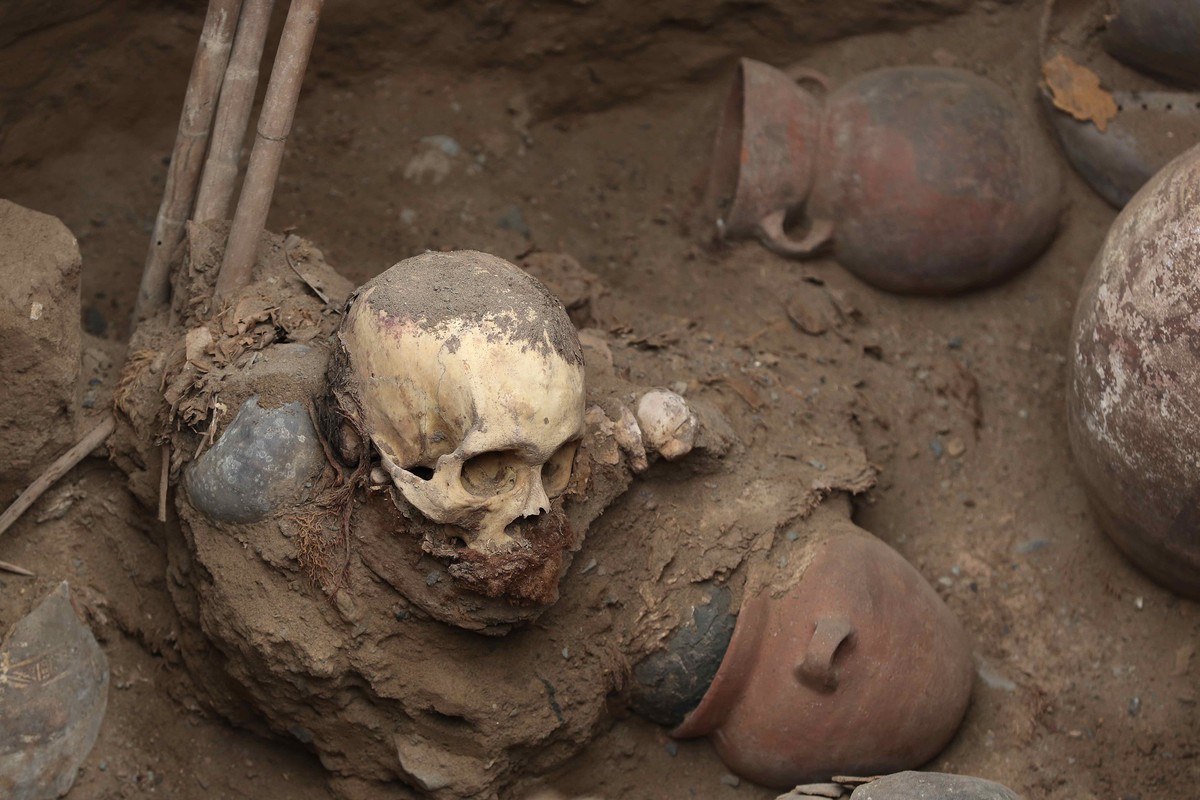 epaselect epa12275812 View of a human skull and some vessels found in a pre-Hispanic archaeological excavation in the Lima district of Puente Piedra, Peru, 31 July 2025. Natural gas pipeline installat ...