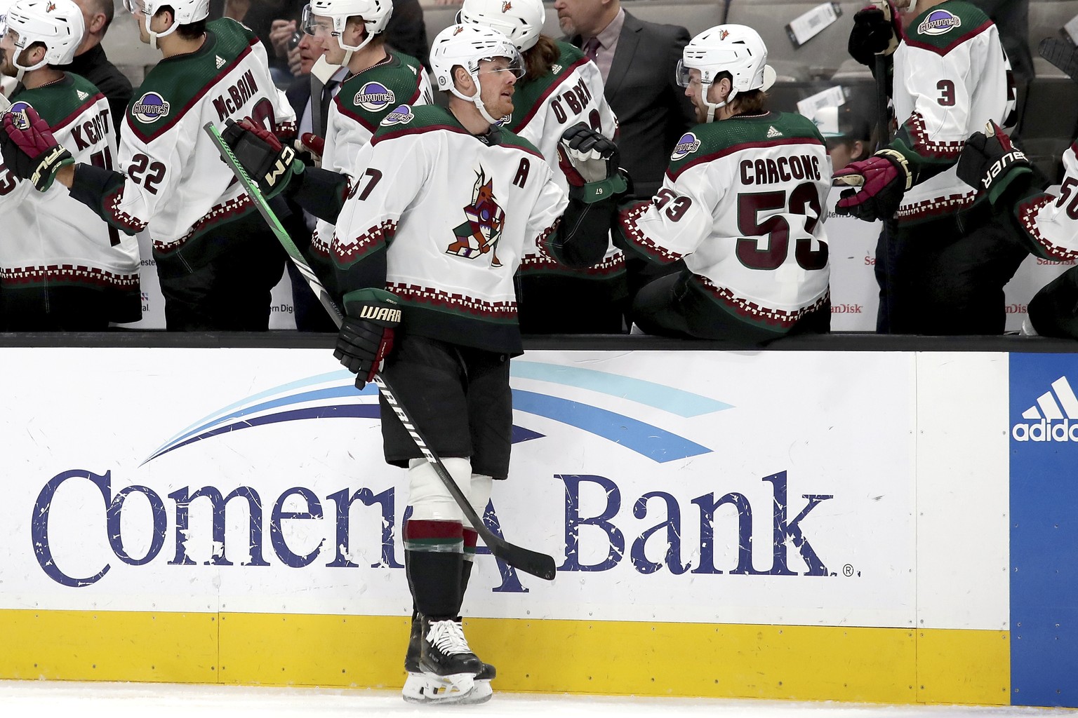 Arizona Coyotes left wing Lawson Crouse (67) celebrates a first period goal in an NHL hockey game against the San Jose Sharks in San Jose, Calif., Sunday, April 7, 2024. (AP Photo/Scot Tucker)
Lawson  ...