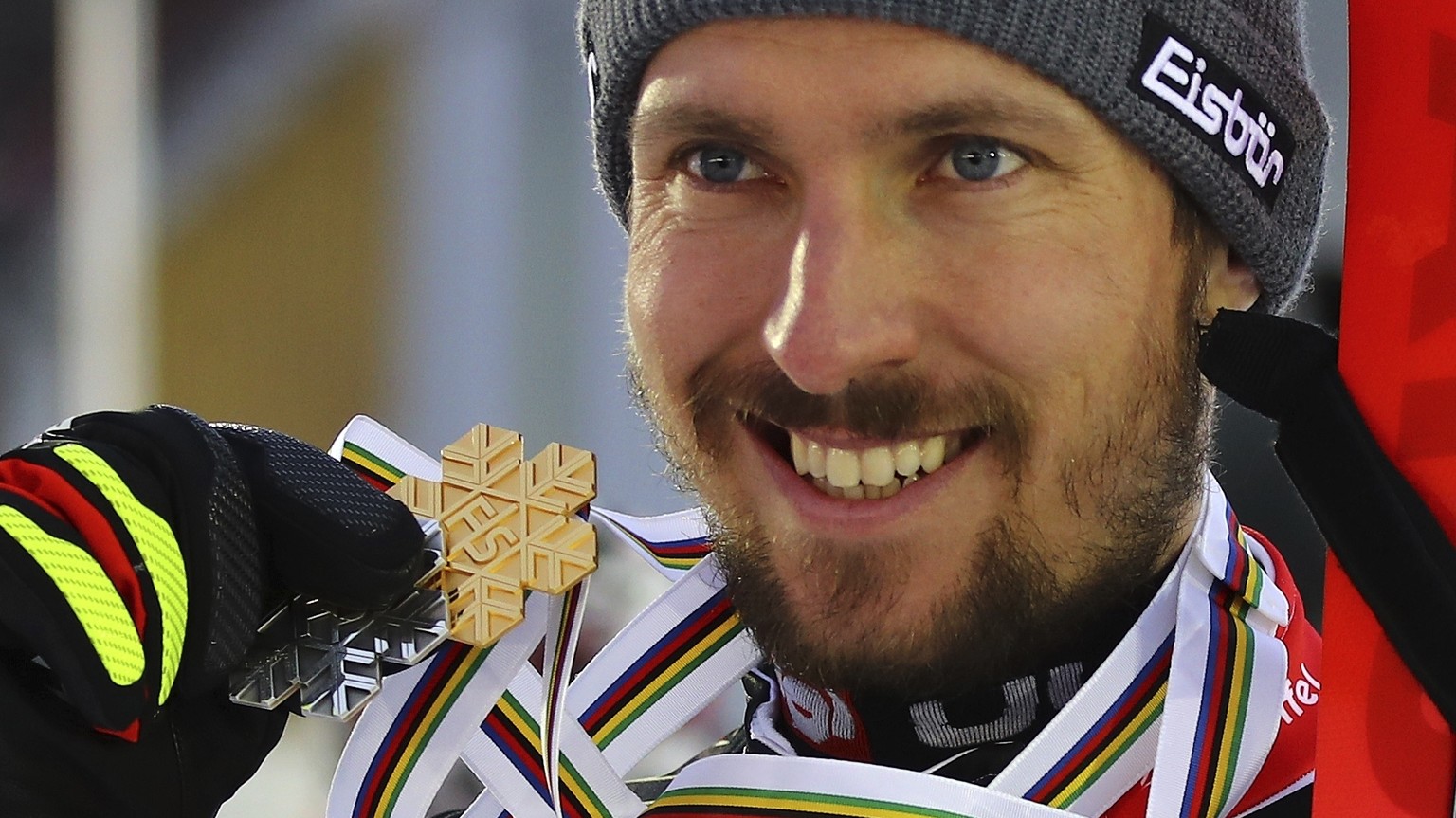 Austria&#039;s Marcel Hirscher shows the gold and silver medals of the men&#039;s slalom and giant slalom, at the alpine ski World Championships in Are, Sweden, Sunday, Feb. 17, 2019. (AP Photo/Marco  ...