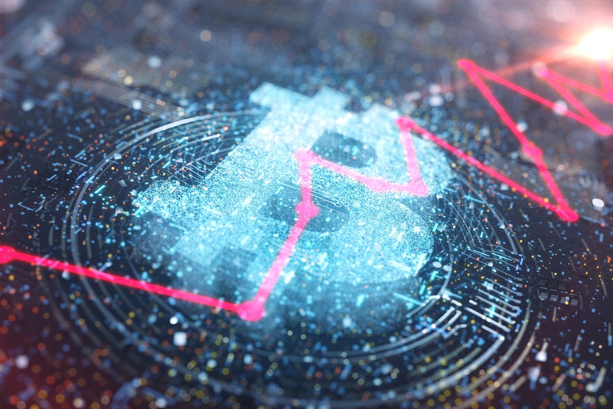 Bitcoin logo of an abstract glowing particle on circuit board and rising red color graph.