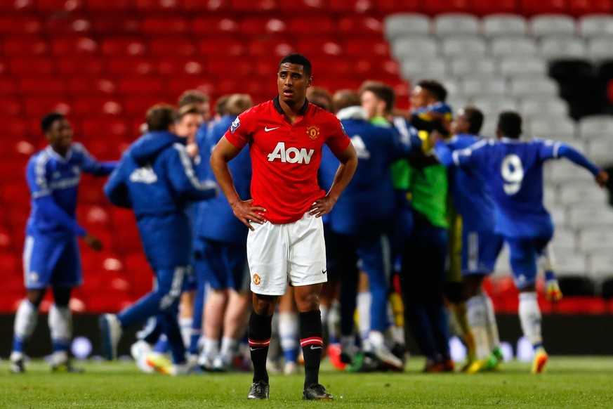 MANCHESTER, ENGLAND - MAY 14: Saidy Janko of Manchester United reacts at the final whistle during the Barclays Under-21 Premier League Final match between Manchester United and Chelsea at Old Trafford ...