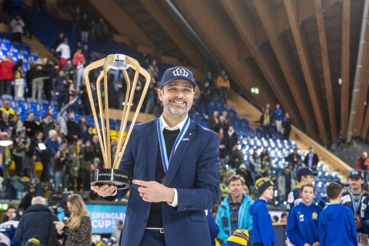 Head Coach Josh Holden from Davos reacting after the win of Spengler Cup 2023 after the game between HC Davos from Switzerland and HC Dynamo Pardubice from Czech Republic at the Final of the 95th Spen ...