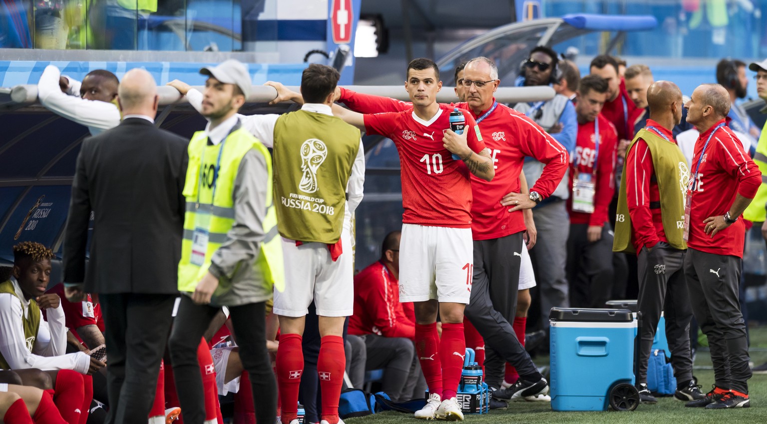 Switzerland&#039;s midfielder Granit Xhaka, center, reacts during the FIFA World Cup 2018 round of 16 soccer match between Sweden and Switzerland at the Krestovski Stadium, in St. Petersburg, Russia,  ...