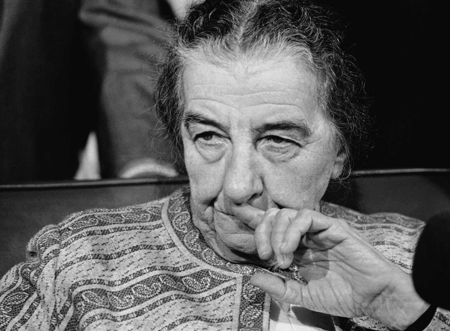 File - In this Wednesday, October 31, 1973 file photo, Israeli Premier Golda Meir holds a news conference at Dulles International Airport near Washington after she arrived in the United States for tal ...
