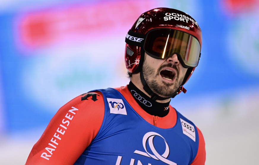 epa11099545 Loic Meillard of Switzerland reacts in the finish area after the second run of the Men&#039;s Giant Slalom Night race of the FIS Alpine Skiing World Cup in Schladming, Austria, 23 January  ...