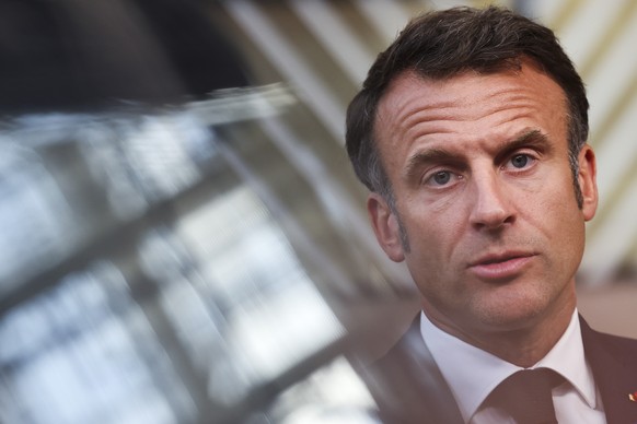 FILE - France&#039;s President Emmanuel Macron talks to journalists during for the third EU-CELAC summit that brings together leaders of the EU and the Community of Latin American and Caribbean States ...