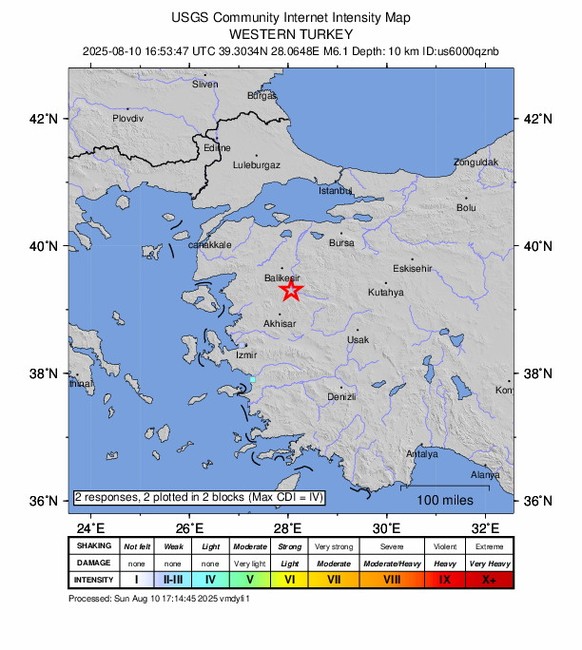 epa12292708 A handout intensity map made available by the United States Geological Survey (USGS) shows the location of a 6.1-magnitude earthquake hitting western Turkey, 10 August 2025. The epicenter  ...