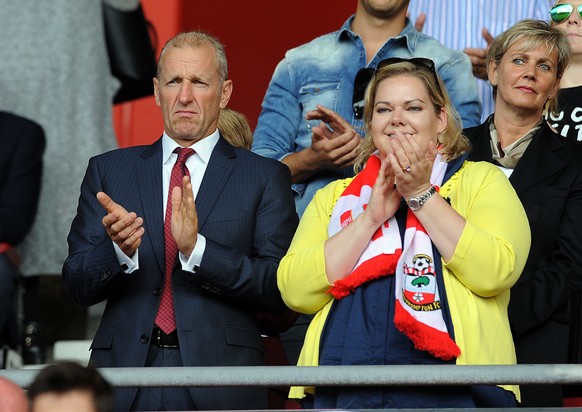 SOUTHAMPTON, ENGLAND - AUGUST 09: Southampton chairman Ralph Krueger and Southampton owner Katharina Liebherr before the start of the pre season friendly match between Southampton and Bayer Leverkusen ...