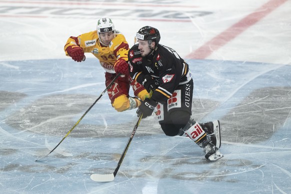 From left, Tigers&#039; player Patrick Petrini and Lugano&#039;s player Lorenzo Canonica, during the preliminary round game of National League Swiss Championship 2023/24 between HC Lugano against SCL  ...
