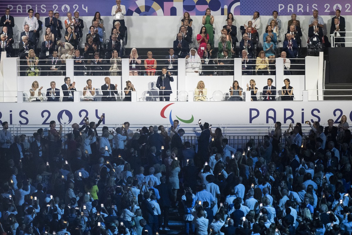 President of France Emmanuel Macron speaks during the opening ceremony of the 2024 Paris Summer Paralympics Games in Paris, France, Wednesday, August 28, 2024. The Paralypmics Games will take place fr ...