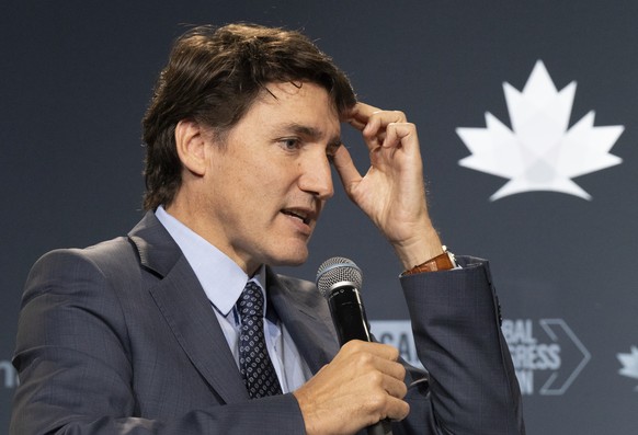 Prime Minister Justin Trudeau speaks at the Global Progress Action Summit, in Montreal, Saturday, Sept. 21, 2024. (Christinne Muschi /The Canadian Press via AP)