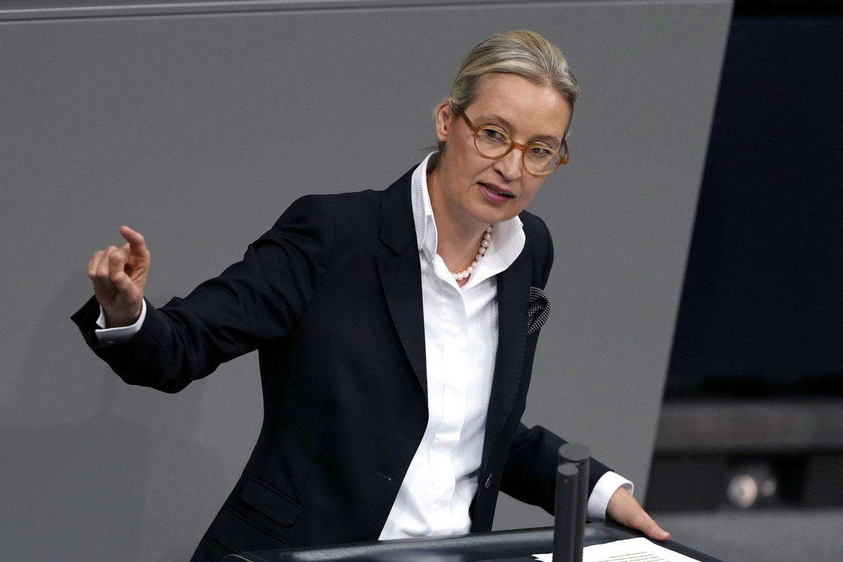 Leader of right wing AfD Alice Weidel speaks during a plenary session at the German parliament Bundestag where he faces a vote of confidence, Berlin, Germany, Monday, Dec. 16, 2024. (AP Photo/Markus S ...