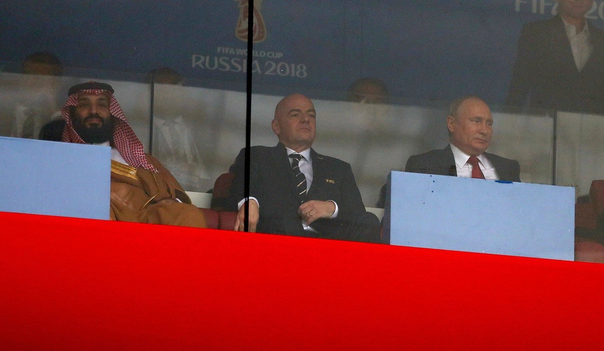 Mandatory Credit: Photo by Kieran Mcmanus/BPI/Shutterstock 9715928du Saudi Crown Prince Mohammed bin Salman with Gianni Infantino and Russian President Vladimir Putin Russia v Saudi Arabia, Group A, 2 ...