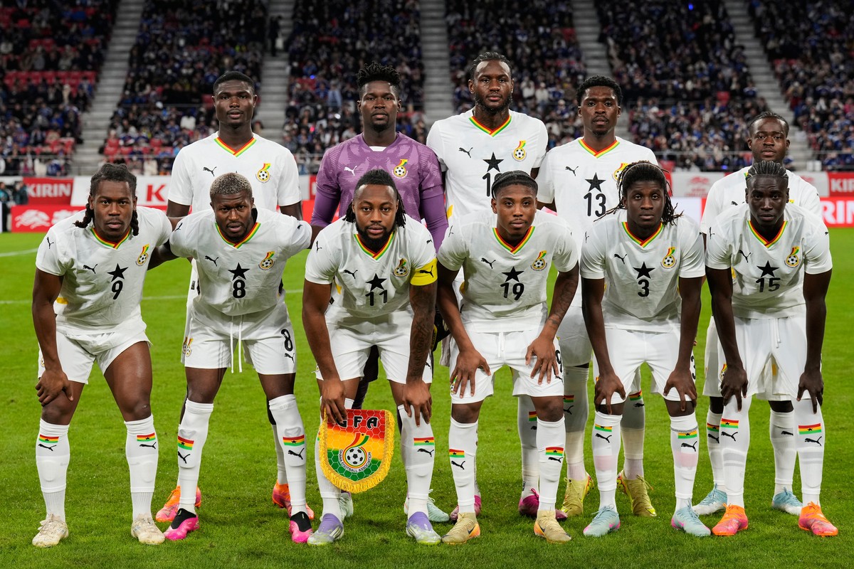 FILE - Ghana players poses for team photo prior to the start of the international friendly soccer match between Japan and Ghana in Toyota, central Japan Friday, Nov. 14, 2025. (AP Photo/Eugene Hoshiko ...