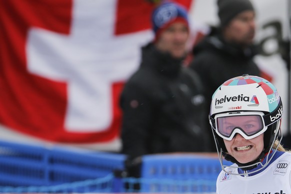 Rahel Kopp of Switzerland reacts in the finish area during the women&#039;s Slalom of the Alpine combination race at the FIS Alpine Ski World Cup, in St. Moritz, Switzerland, Friday, December 8, 2017. ...