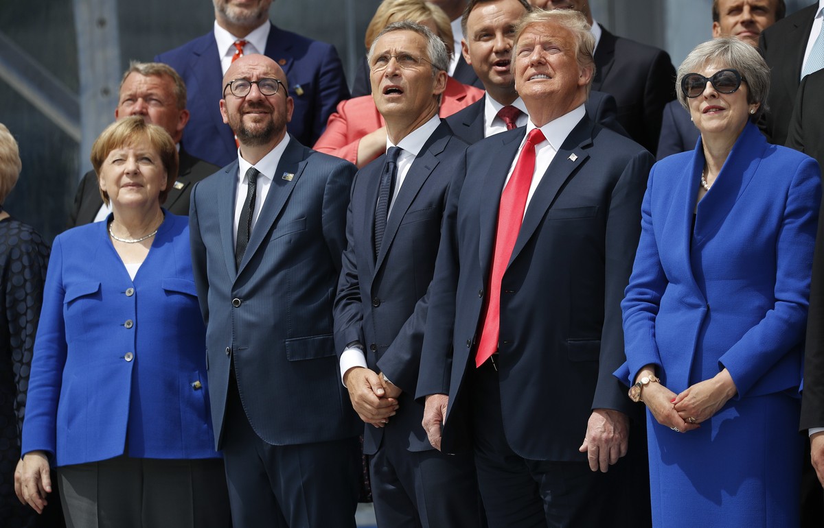 From left to right, German Chancellor Angela Merkel, Belgium's Prime Minister Charles Michel, NATO Secretary General Jens Stoltenberg, President Donald Trump,and Britain's Prime Minister The ...