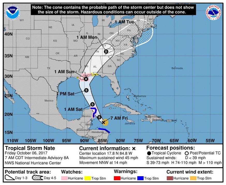 epa06248434 A handout photo made available by the National Oceanic and Atmospheric Administration (NOAA) showing Coastal Watches/Warnings and Forecast Cone for Storm Center of the predicted path of tr ...