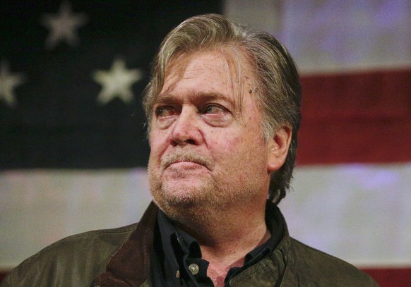 In this Sept. 25, 2017 photo, former presidential strategist Steve Bannon speaks at a rally for U.S. Senate hopeful Roy Moore, in Fairhope, Ala. Bannon’s war on the Republican establishment is creatin ...