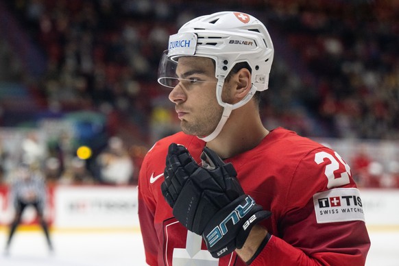 Switzerland&#039;s Timo Meier looks on during the Ice Hockey World Championship group A preliminary round match between Switzerland and Germany in Helsinki at the Ice Hockey Hall, Finland on Tuesday,  ...