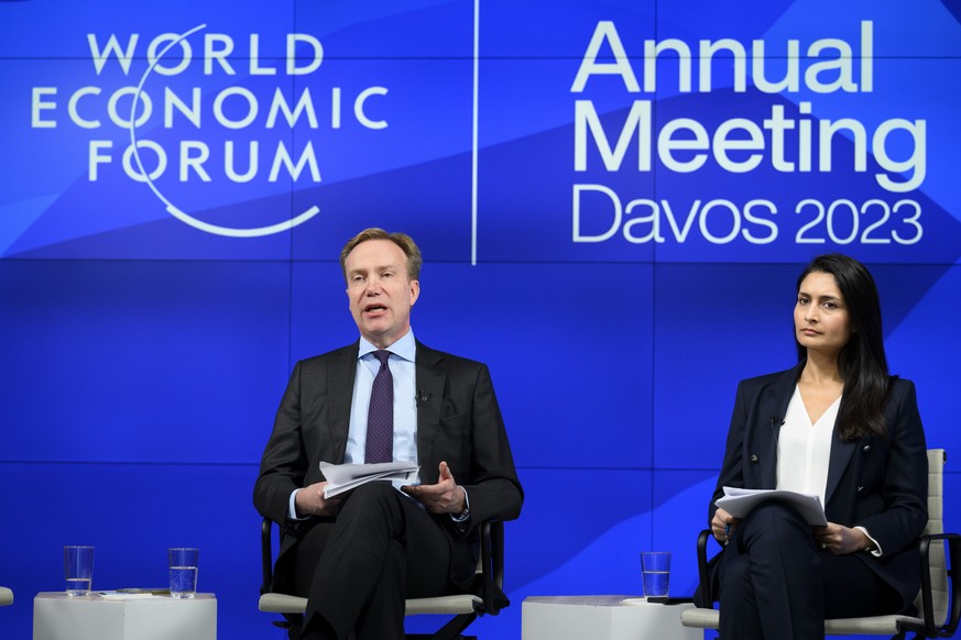 Borge Brende, left, President of the World Economic Forum delivers a speech next to Saadia Zahidi, right, managing director at the World Economic Forumd uring a virtual media briefing, in Cologny near ...