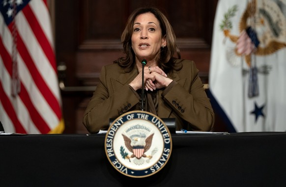 epa11185550 US Vice President Kamala Harris delivers remarks on the fight for voting rights, announcing steps to ensure Americans have information they need to vote, in the Indian Treaty Room of the W ...
