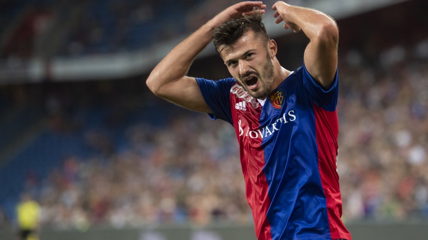 Basel&#039;s Albian Ajeti reacts during the UEFA Europa League play-off first leg match between Switzerland&#039;s FC Basel 1893 and Cyprus&#039; Apollon Limassol FC in the St. Jakob-Park stadium in B ...