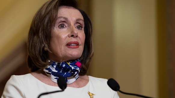 epa08418049 House Speaker Nancy Pelosi, D-CA, delivers a statement on Capitol Hill, in Washington, DC, USA, 12 May 2020, on the Heroes Act aid package introduced by House democrats. The legislation pr ...